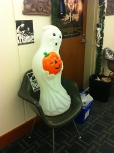 The entrance to Professor White's office, featuring a ghost with a pumpkin