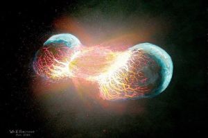 Artist's depiction of the head-on collision between Earth and Theia
